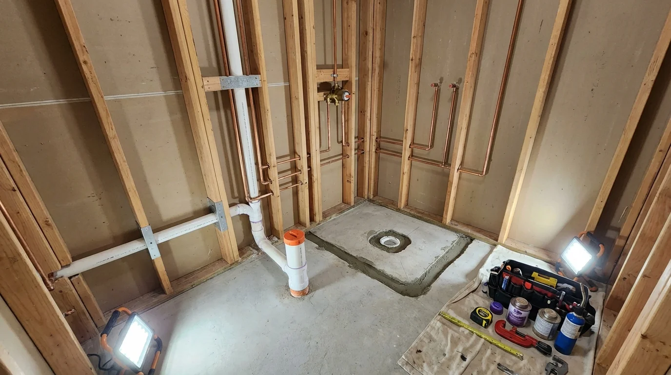 Bathroom rough-in plumbing during remodel by Johns Plumbing LLC in Trinity
