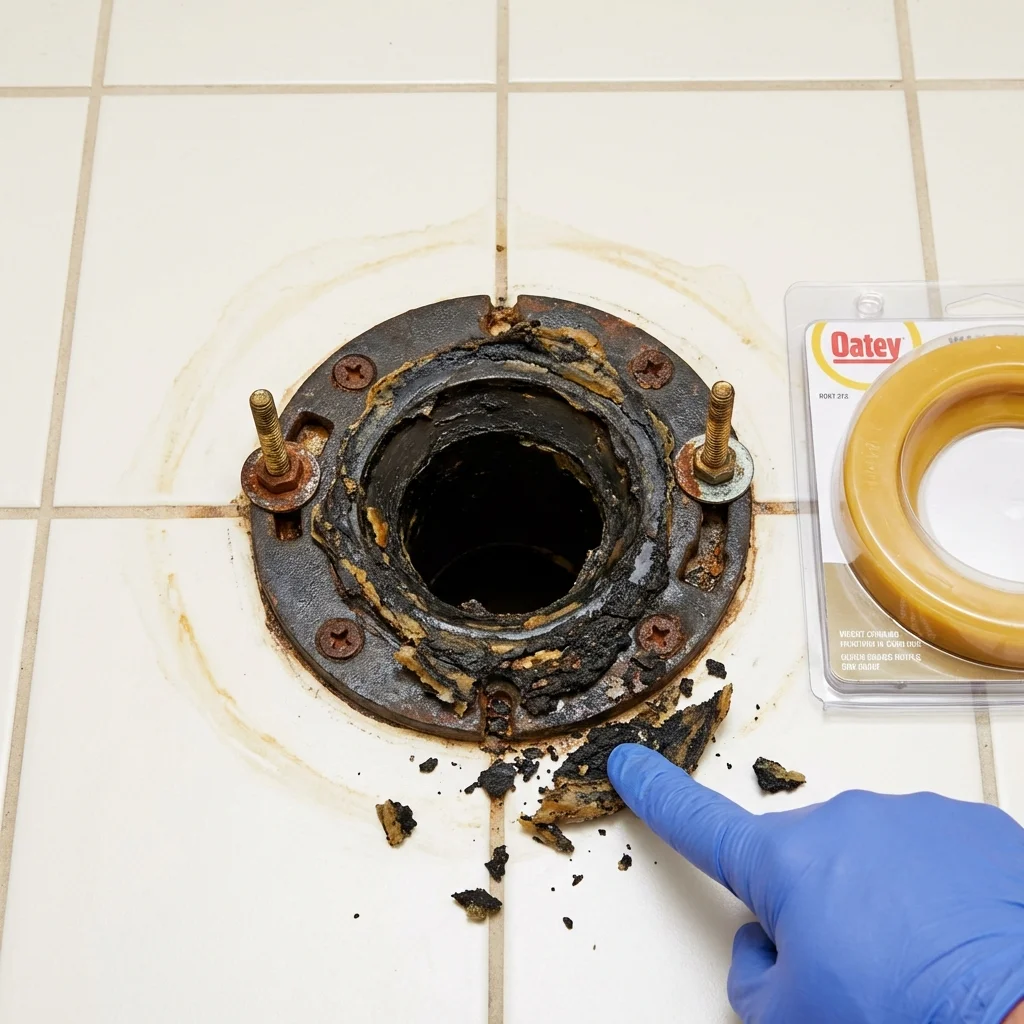 Failed wax ring showing water seepage at the base of a toilet in a Trinity, AL home