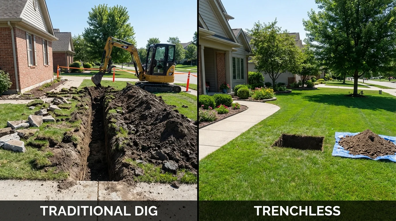 Trenchless sewer repair with minimal yard damage versus traditional excavation in Trinity, AL