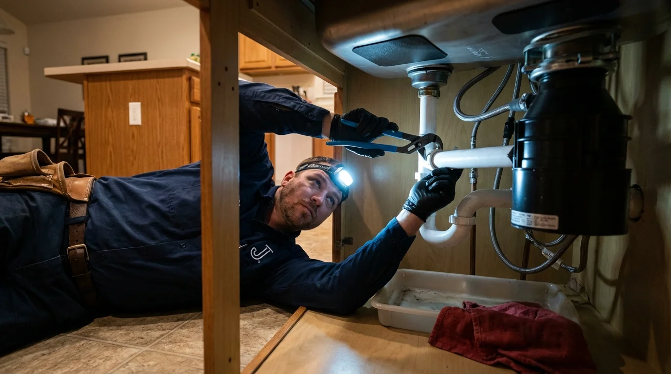 P-trap and supply line connections under a kitchen sink showing a common leak point in Trinity, AL
